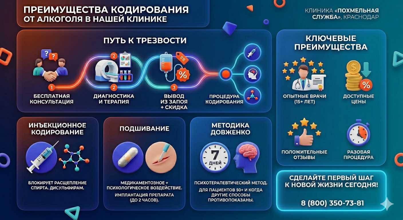 Инфографика о методах кодирования от алкоголя в Отрадном: инъекции, подшивание, метод Довженко. Преимущества клиники и этапы лечения.